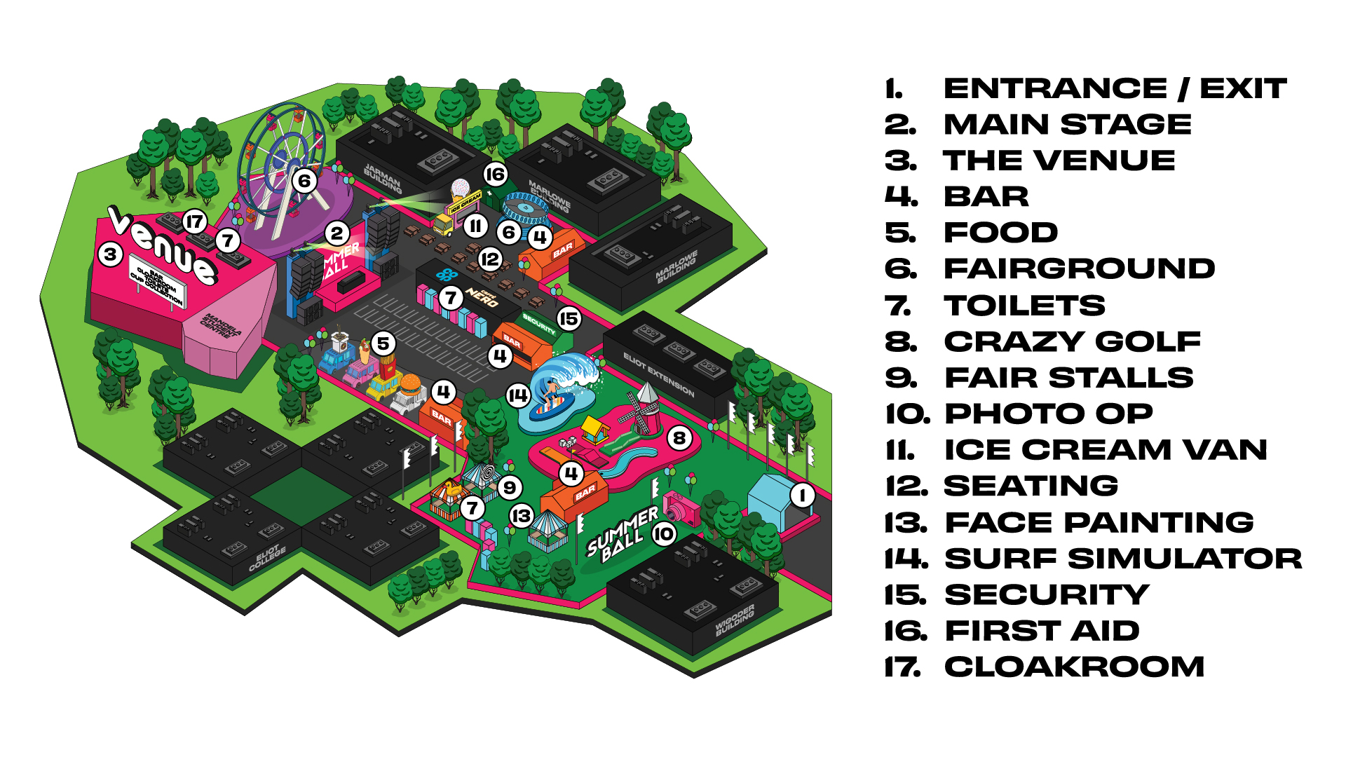Summer Ball site map showing the entrance and exit, main stage, The Venue, bars, food, toilets, fairground, crazy golf, fair stalls, photo opportunity, ice cream van, seating, face painting, surf simulator, security, first aid and cloakroom.